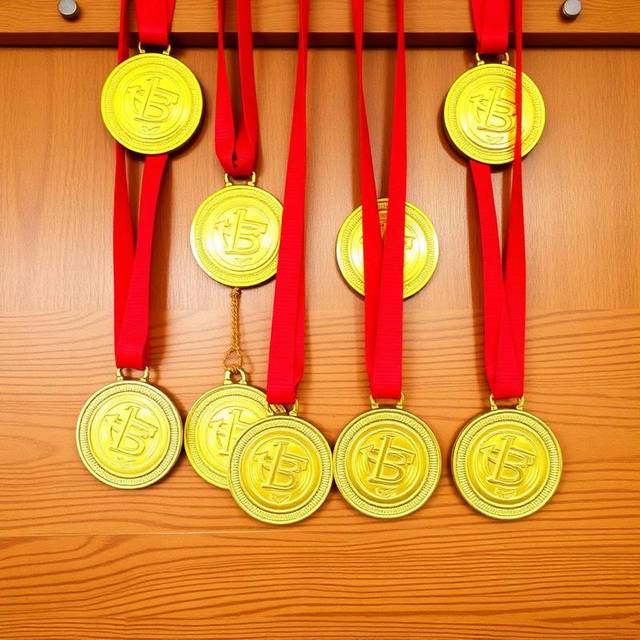 Gold medals with ribbons