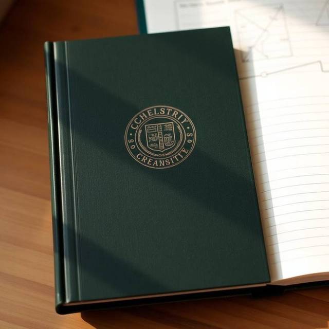 Hard-bound record book with school crest